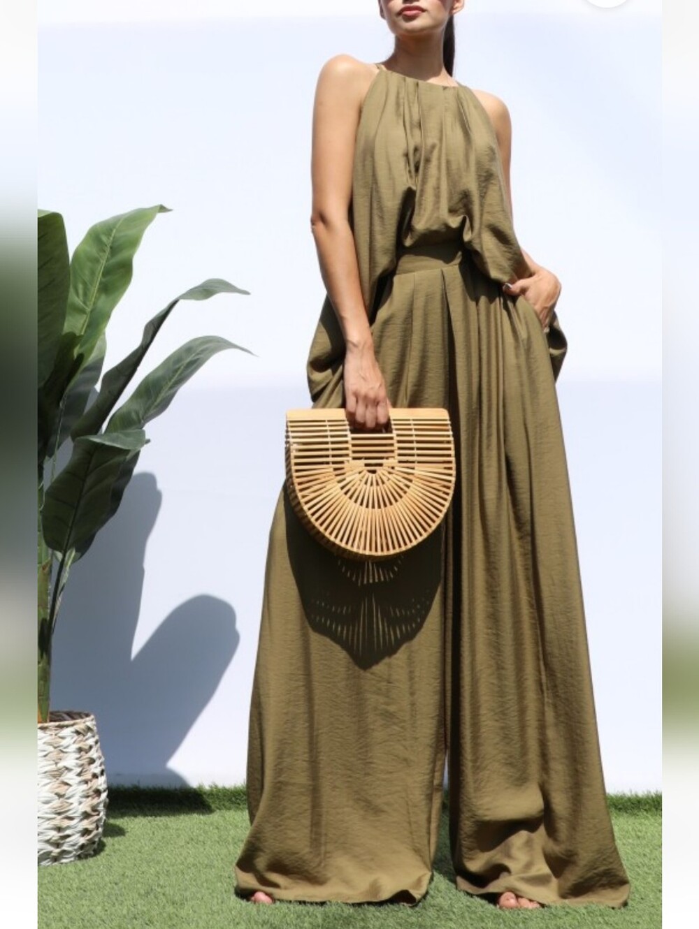 Boho Olive Green Halter Top &  Wide-Leg Pants Set NWT